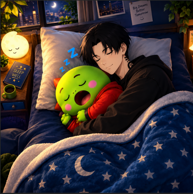 An anime-style illustration shows a dark-haired person sleeping in bed while cuddling a small green character wearing a red hoodie, under a starry blue blanket with 'Sleep Well' and 'Big Dreams Better Tomorrow' signs nearby.