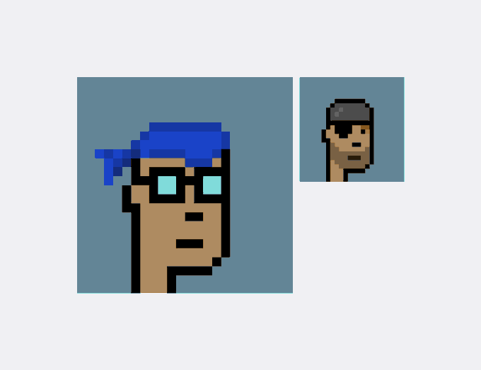 Two pixel art character portraits on blue backgrounds, featuring a figure with blue hair and glasses, and a smaller profile of a person with brown skin.