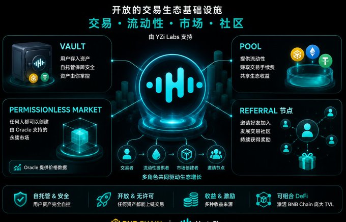 An infographic in Chinese illustrating an open trading ecosystem infrastructure, supported by YZI Labs, featuring components like VAULT, POOL, Permissionless Market, and REFERRAL nodes.
