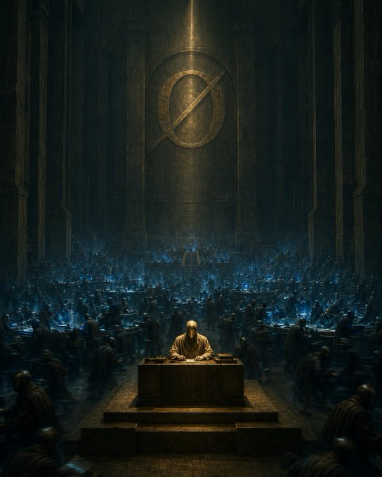 A dark, atmospheric, AI-generated or digital illustration of a large, hooded figure seated at a desk in a massive, shadowy hall, with a large crossed-out circle symbol on the wall behind them.