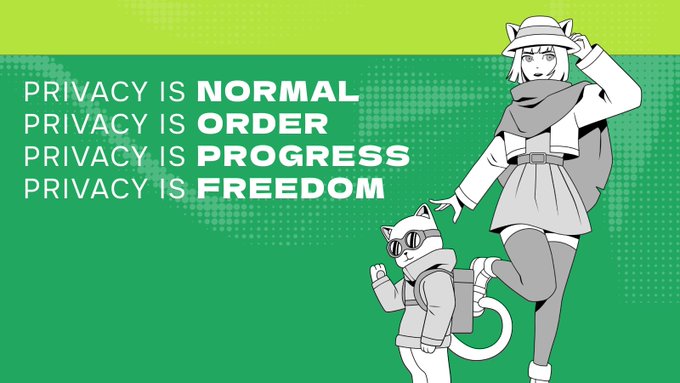 The image features a stylized illustration of a woman and her cat companion, both wearing sunglasses and modern streetwear, set against a green background with halftone accents. Bold white text reads: "PRIVACY IS NORMAL / PRIVACY IS ORDER / PRIVACY IS PROGRESS / PRIVACY IS FREEDOM." The post expands on the final slogan, reinforcing that privacy represents protection and personal choice, themes visually echoed by the characters' cool, confident anonymity behind their shades.
