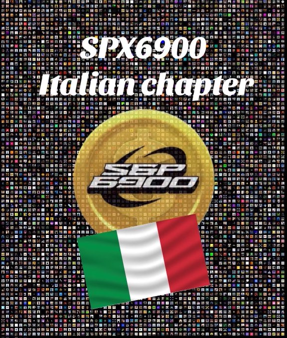 A promotional graphic for the launch of the "SPX6900 Italian chapter," featuring the SPX6900 gold coin logo alongside the Italian flag, set against a mosaic background of various profile icons. The image visually supports the post's announcement calling for Italian crypto enthusiasts to join the new community group.