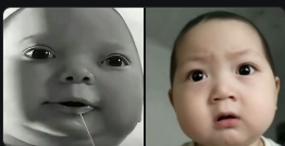 A black-and-white image of a baby on the left and a full-color image of a baby's face on the right. The post references a DEX update and a development team, with the two baby images possibly representing an "upgrade" or transformation, humorously linked to the on-fire enthusiasm about the project.