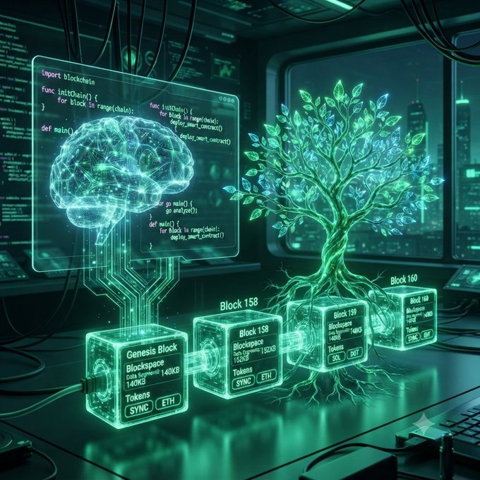 A futuristic digital artwork depicting a glowing brain connected to blockchain code and a luminous tree growing from cubes labeled 'Genesis Block,' 'Block 158,' 'Block 159,' and 'Block 160,' symbolizing blockchain and AI integration.