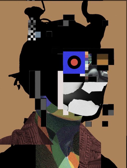A digital collage or glitch-art portrait featuring fragmented pixelated shapes, a blue square with a red circle (resembling the NATO flag), and a black silhouette against a brown background.