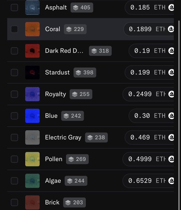 The image shows a list of colored NFT tiles from "The Great Color Study" by @lphaCentauriKid, displaying prices in ETH for colors including Asphalt (0.185 ETH, 405), Coral (0.1899 ETH, 229), Dark Red (0.19 ETH, 318), Stardust (0.199 ETH, 398), Royalty (0.2499 ETH, 255), Blue (0.30 ETH, 242), Electric Gray (0.469 ETH, 238), Pollen (0.4999 ETH, 269), Algae (0.6529 ETH, 244), and Brick (0.203 ETH), with the visible numbers next to each color likely representing supply counts, illustrating the post's claim that only 203 Brick pieces exist among the limited total sets.