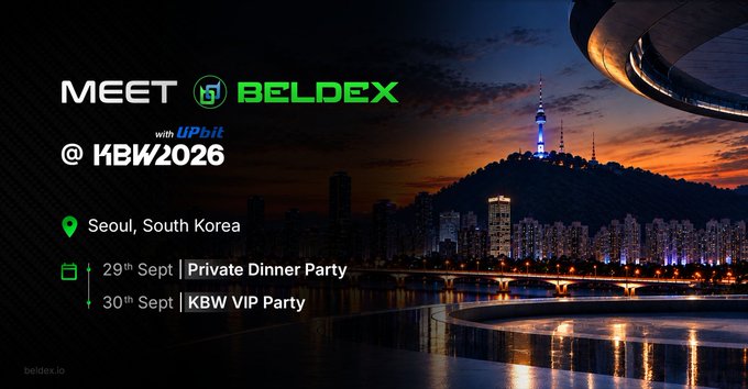A promotional banner reading 'MEET BELDEX with UPbit @ KBW2026' in Seoul, South Korea, advertising a Private Dinner Party on 29th Sept and a KBW VIP Party on 30th Sept against a city skyline.