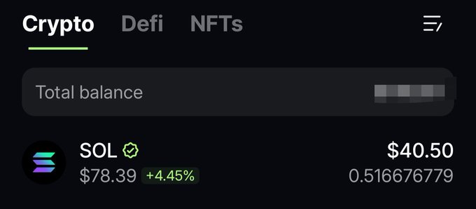 A screenshot of a crypto wallet interface showing a "Crypto" tab with tabs for "Defi" and "NFTs," displaying a Total balance and a holding of 0.516676779 SOL ($40.50) at $78.39 per SOL (+4.45%). The image serves as visual proof of holding roughly 0.5 SOL worth about $40, corroborating the accompanying tweet's "0.5 SOL giveaway ($40)" promotion.
