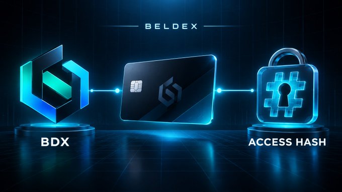 The image shows a digital graphic titled "BELDEX" featuring a hexagonal BDX logo on the left, a credit card in the center, and a padlock icon labeled "ACCESS HASH" on the right, connected by glowing blue lines. It visually represents the BDX card payment flow, where BDX tokens are used for payment and an Access Hash is generated to secure access to the service.