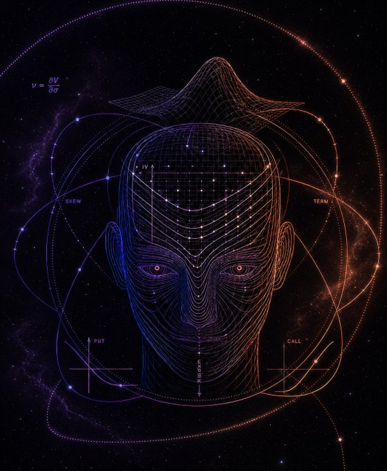 A neon wireframe of a human head is overlaid with options trading terminology ("PUT," "CALL," "IV Δ," "SKEW," "TERM," and the formula "v = ∂V/∂σ"), visually merging the concepts of human cognition and financial mathematics to represent SuperVega, a new options trading platform now live on Starknet.
