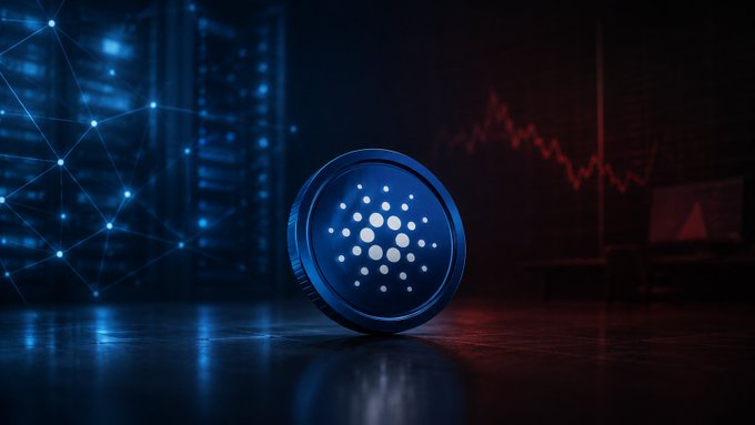 The image features a blue coin with white spots placed on a dark surface. The coin appears to be upside down or tilted, giving it an unusual appearance. The background of the image consists of a computer screen displaying lines of code, which adds to the overall digital theme of the scene. The caption above the coin reads "Why Cardano is the only Ecosystem that can run the world," suggesting that the coin has some sort of significance or relevance in the context of cryptocurrency and blockchain technology.