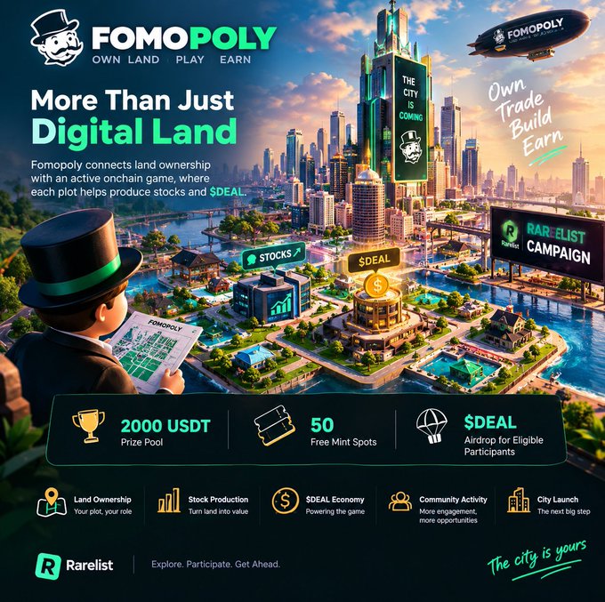 A colorful FOMOPOLY promotional poster reads “More Than Just Digital Land” and describes connecting land ownership with an on-chain game. Visible text includes “OWN LAND,” “PLAY,” “EARN,” “2000 USDT Prize Pool,” “50 Free Mint Spots,” “$DEAL,” and “Rarelist.”