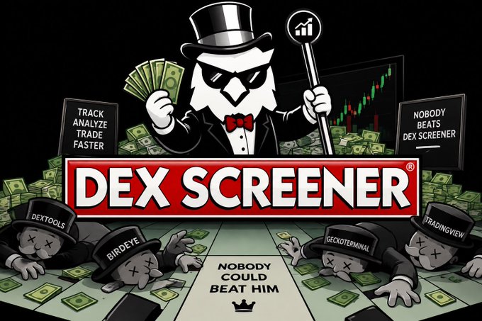 A cartoon illustration features a tuxedo-clad penguin character holding cash and a chart, positioned above the 'DEX SCREENER' logo, with fallen competitor mascots (labeled DEXTOOLS, BIRDEYE, GECKOTERMINAL, TRADINGVIEW) scattered below and text reading 'TRACK ANALYZE TRADE FASTER', 'NOBODY BEATS DEX SCREENER', and 'NOBODY COULD BEAT HIM'.