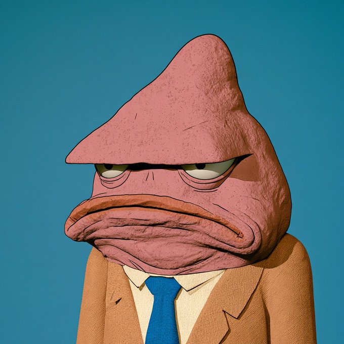 A 3D rendered character of a pink fish wearing a brown suit and blue tie with a stern expression against a teal background.