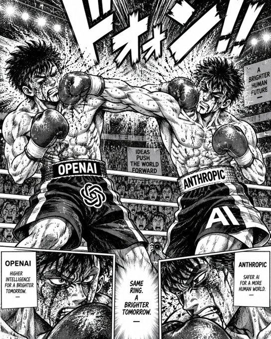 A black-and-white manga-style illustration depicting OpenAI and Anthropic as two boxers fighting in a ring with the text 'IDEAS PUSH THE WORLD FORWARD' and 'SAME RING. A BRIGHTER TOMORROW.'