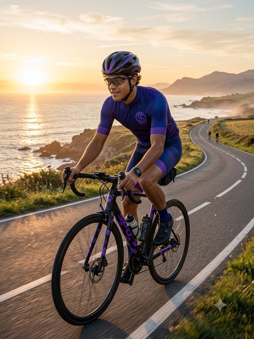A cyclist in a purple kit and helmet rides a black and purple road bike along a coastal highway at sunset, with the ocean on one side and cliffs on the other.