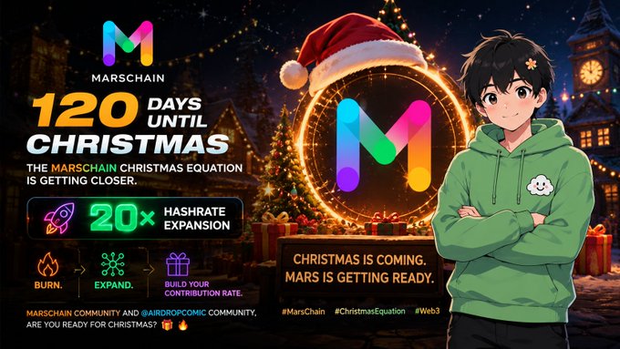 A promotional graphic for 'MARSCHAIN' features an anime-style character in a green hoodie, advertising '120 DAYS UNTIL CHRISTMAS' with '20× HASHRATE EXPANSION'.