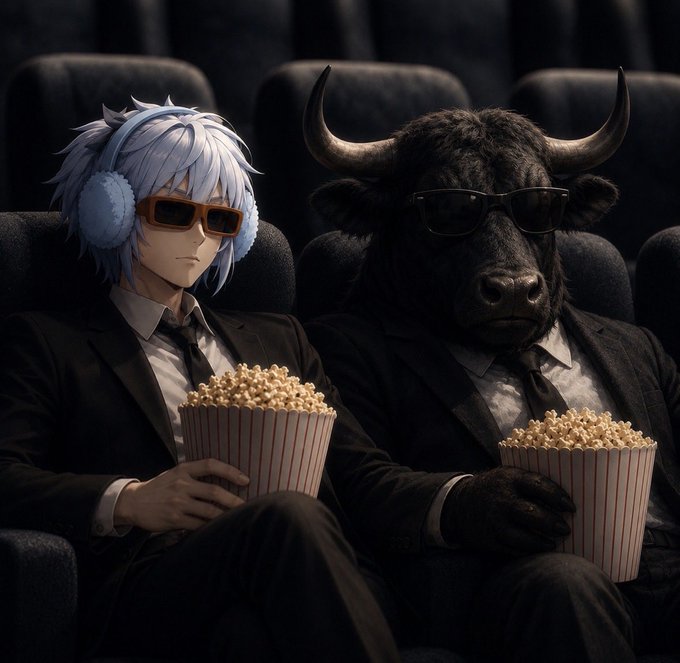 An anime character with white hair and sunglasses sitting next to a black bull wearing sunglasses, both in suits and eating popcorn in a movie theater.