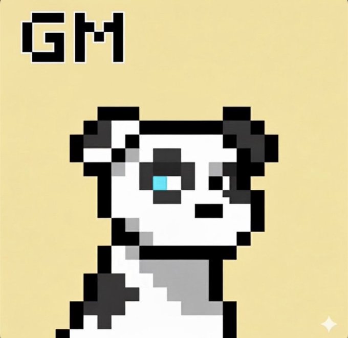 A pixelated image shows a white cat character with black outlines and a glowing blue eye, with the text 'GM' displayed in pixel font in the upper left corner against a tan background.
