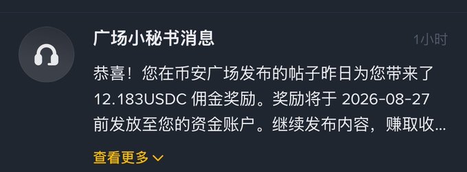 A Binance Square notification announces a 12.183 USDC reward for a post published on the Square platform, with the reward to be deposited before 2026-08-27. The image supports the post's excitement about receiving roughly 12 USD in Binance Square earnings, which the poster jokingly compares to affording a burger in Switzerland.