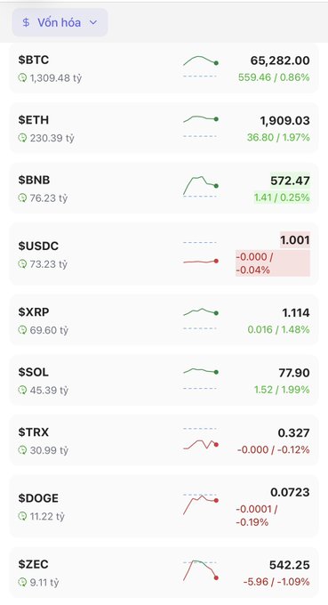 A cryptocurrency price tracking app in Vietnamese displaying current prices and 24-hour changes for various coins including BTC ($65,282), ETH ($1,909), BNB, USDC, XRP, SOL, TRX, DOGE, and ZEC.