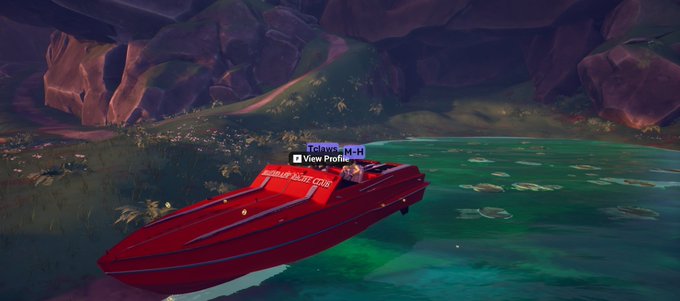 A red speedboat labeled 'MARINE SALVAGE TEAM' floats on teal water near rocky shores in a video game environment, with a 'View Profile' prompt visible.