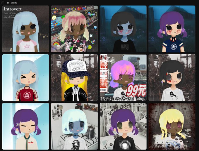 A grid of 12 anime-style cartoon character avatars (chibi style) with various hair colors and outfits, displayed under the heading 'Introvert' showing '10 ITEMS'.