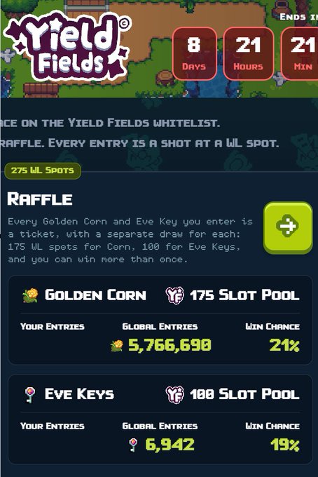 A mobile interface for "Yield Fields" shows a countdown timer and raffle details with 275 WL spots available, displaying global entries of 5,766,698 for Golden Corn and 6,942 for Eve Keys.