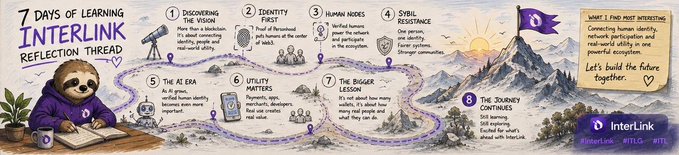 An illustrated poster showing a 7-day learning journey for the Interlink Reflection Thread, featuring eight numbered steps with a sloth mascot.