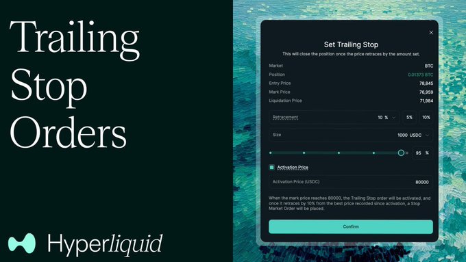 Hyperliquid promotional image showcasing their new 'Trailing Stop Orders' feature on BTC with a sample order interface displaying position details and activation price settings.
