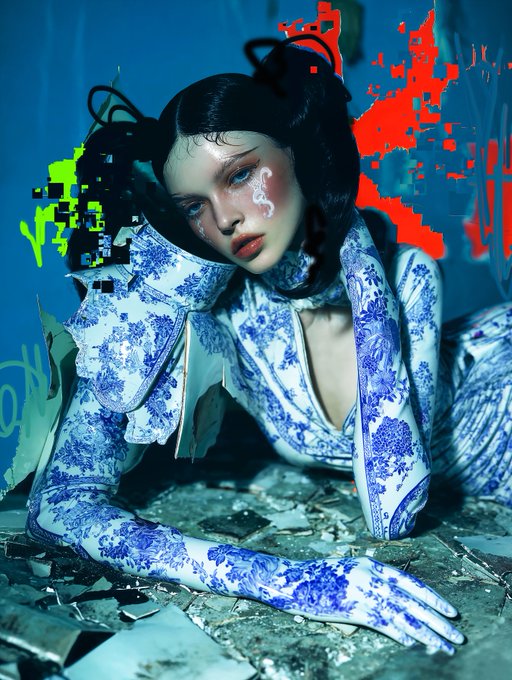 An AI-generated image of a figure with black and white porcelain-like skin and hair, wearing a blue and white floral patterned outfit, resting on rubble with pixelated and red splatter effects.
