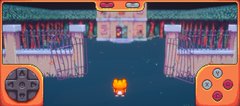 A retro 2D pixel-art video game screenshot showing a small character on a wooden dock above water, with virtual game controls displayed in the bottom corners.