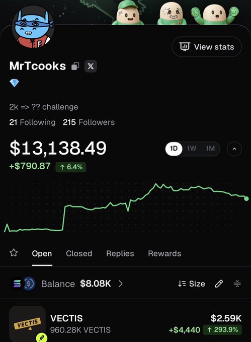 Pump.fun profile page for 'MrTcooks' showing a portfolio value of $13,138.49 (+$790.87, 6.4%) with a 1D green line chart trending upward, 21 Following and 215 Followers, and a VECTIS position of 960.28K VECTIS valued at $2.59K.