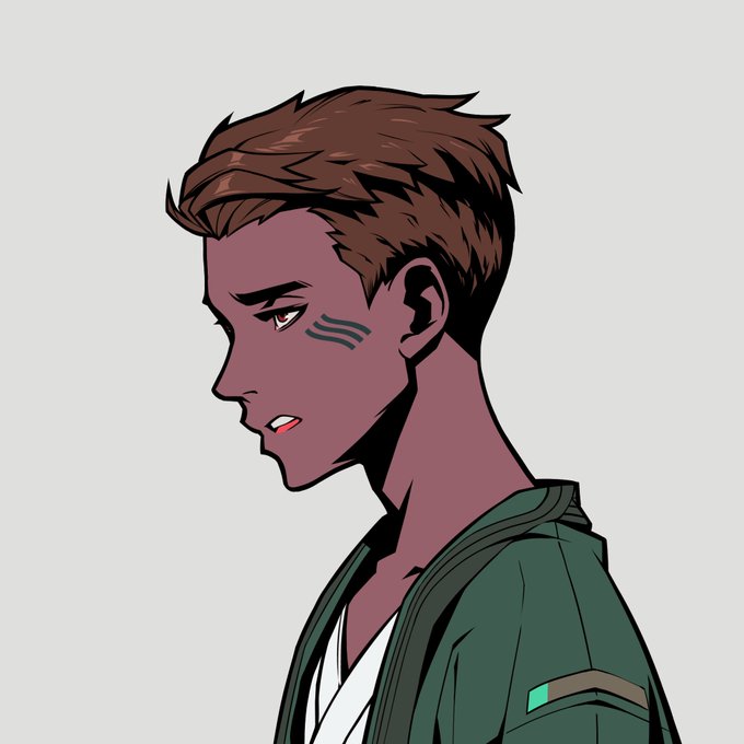 A profile illustration of a young man with brown hair, facial tattoos, and a green jacket, rendered in an anime art style against a gray background.
