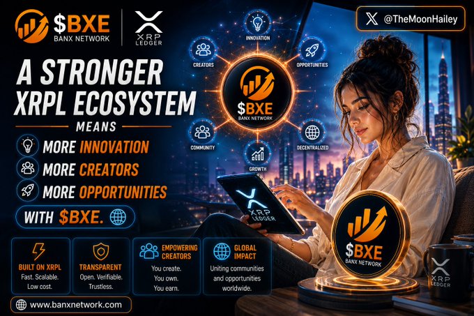 A promotional graphic for $BXE Banx Network on the XRPL ecosystem, featuring a woman using an XRP Ledger tablet with text highlighting "A STRONGER XRPL ECOSYSTEM MEANS MORE INNOVATION, MORE CREATORS, MORE OPPORTUNITIES WITH $BXE," alongside icons for Built on XRPL, Transparency, Empowering Creators, and Global Impact, with the handle @TheMoonHailey and website www.banxnetwork.com.