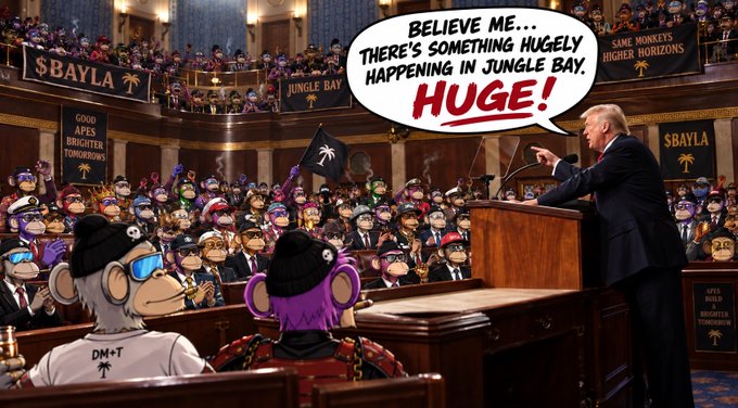 A cartoon-style satirical illustration depicting Donald Trump speaking at a podium to an audience of Bored Ape-style NFT characters, with a speech bubble reading "BELIEVE ME... THERE'S SOMETHING HUGE HAPPENING IN JUNGLE BAY. HUGE!"