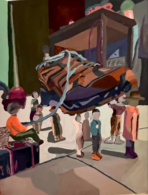 An artistic painting depicting a scene with abstract figures in colorful clothing, a large orange striped object, and a structure in the background.