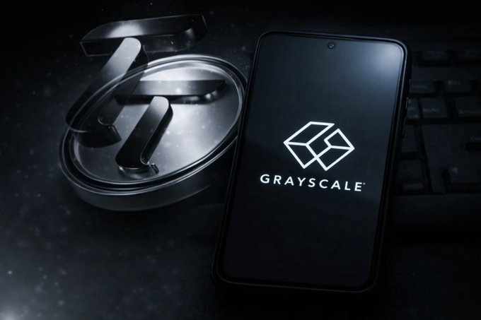 The image features a black smartphone with the word "GRAYSCALE" displayed on its screen, placed next to a keyboard. The background of the image is dark, which makes the phone's screen stand out prominently. The keyboard appears to be located in front of or behind the phone, depending on the viewer's perspective.