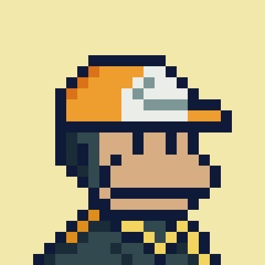A pixel art character wearing an orange, white, and teal cap with a checkered shirt appears, representing the iconic style of the Solana Monkey Business (SMB) NFT collection. The retro 8-bit aesthetic reflects the artwork's design, tying into the post celebrating finally purchasing an NFT from this prominent Solana collection after years of waiting.