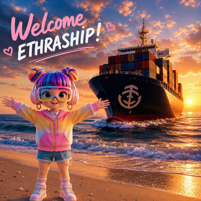 A vibrant, stylized digital illustration shows a colorful, rainbow-haired cartoon girl wearing large headphones and a pastel hoodie, standing on a beach with arms outstretched toward a massive container ship at sunset, with the text 'Welcome ETHRASHIP!' and heart icons overlaid.