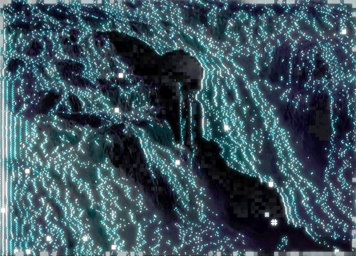 The image features a large painting of a waterfall with blue and green colors that creates a sense of depth and movement. The painting has been edited to include a digital effect, giving it an ethereal appearance. The caption below the artwork reads "The auction for cry_me_a_river is live! A massive thank you to @halving_fun for kicking things off, and for setting my new tezos ATH !!! You're an awesome collector and I'm honored! Good luck halving!".
