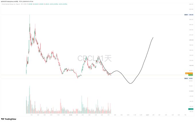A TradingView daily chart of CRCL (Circle Internet Group) showing a sharp decline from around $200 highs to roughly $69, with a black hand-drawn projection line forecasting a V-shaped recovery back toward $200 in 2026. The chart illustrates the poster's bearish reflection on their losing CRCL positions, visually representing the painful "catching bottoms" experience they describe.