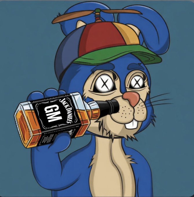 A cartoon illustration of a blue rabbit wearing a propeller cap with X's for eyes, drinking from a Jack Daniel's whiskey bottle.