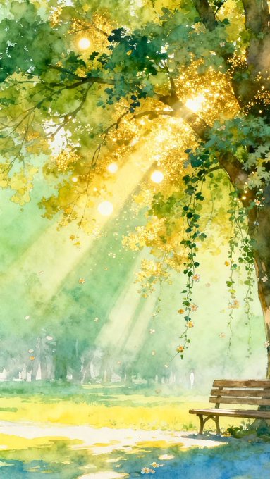The image features a park scene with a bench under a tree, providing a peaceful spot for relaxation. The sun shines through the branches of the tree, casting light onto the ground below. The painting has a watercolor style that adds a soft and natural feel to the scene. The image also includes text about cloud computing and how it could be used in the future to launch applications or even blockchains.