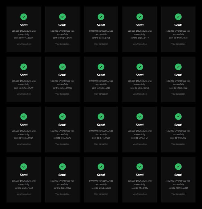 The image shows a grid of 20 transaction confirmations, each displaying a green checkmark with "Sent!" and confirming that 500,000 $NUKEBULL was successfully sent to various wallet addresses (such as 4tKCm, bA91, qdG6, nHTy, 2QQ, etc.), each with a "View transaction" link. The screenshot appears to serve as "proof" for a giveaway scam claiming to distribute $SOL, though the transactions actually show large transfers of the $NUKEBULL token instead—revealing the deceptive nature of the post.