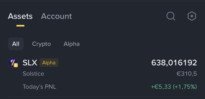 A cryptocurrency app interface showing assets with SLX (Solstice) valued at €310.5, showing today's PNL of +€5,33 (+1,75%).