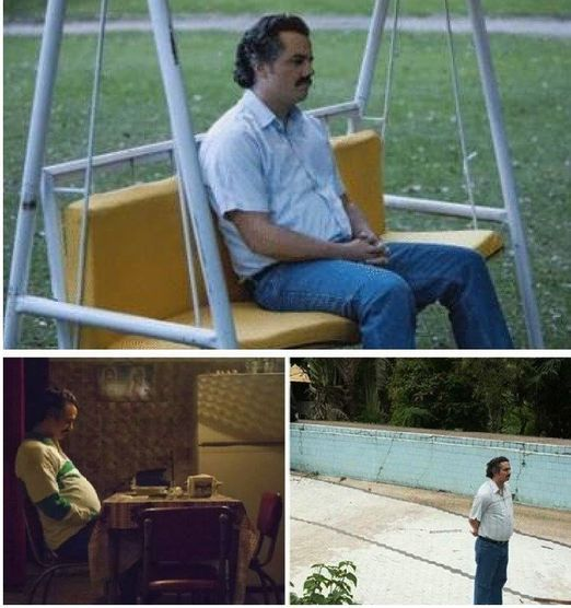 A collage of three images shows a middle-aged man with a mustache sitting pensively on a yellow swing bench, eating alone at a small table, and standing beside an empty swimming pool—visually capturing the lonely, waiting mood of the caption "me waiting for another airdrop after moonpay."