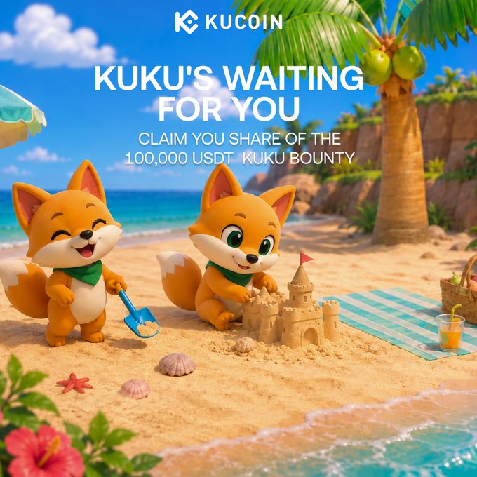 Two cheerful cartoon foxes, Kuku, build a sandcastle and play on the sand by the ocean. The promotional banner reads "KUCOIN - KUKU'S WAITING FOR YOU - CLAIM YOU SHARE OF THE 100,000 USDT KUKU BOUNTY."