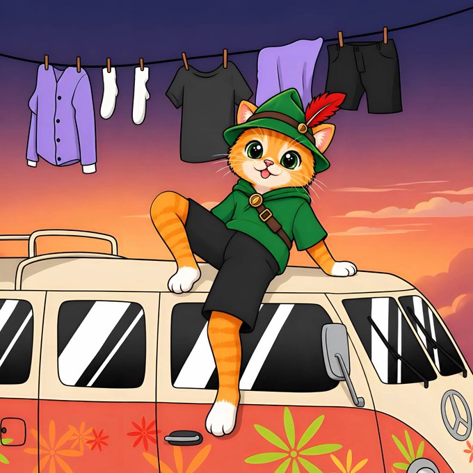 An illustration of an orange tabby cat wearing a green hat and shirt, sitting on a hippie-style van with clothes hanging on a line above.
