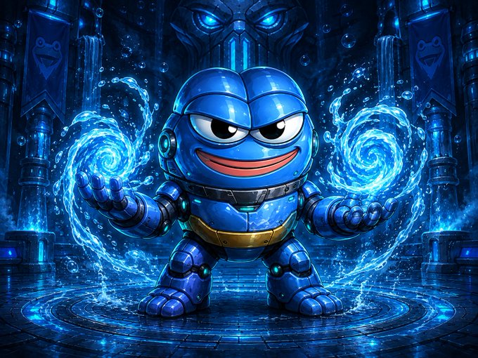 A blue robotic character with a wide smile stands in a watery, futuristic setting, conjuring blue energy swirls in its hands.